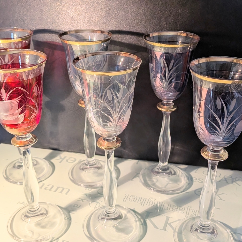 Elegant Etched Coloured Bohemian Glass Goblets Set.  7 Inches Tall